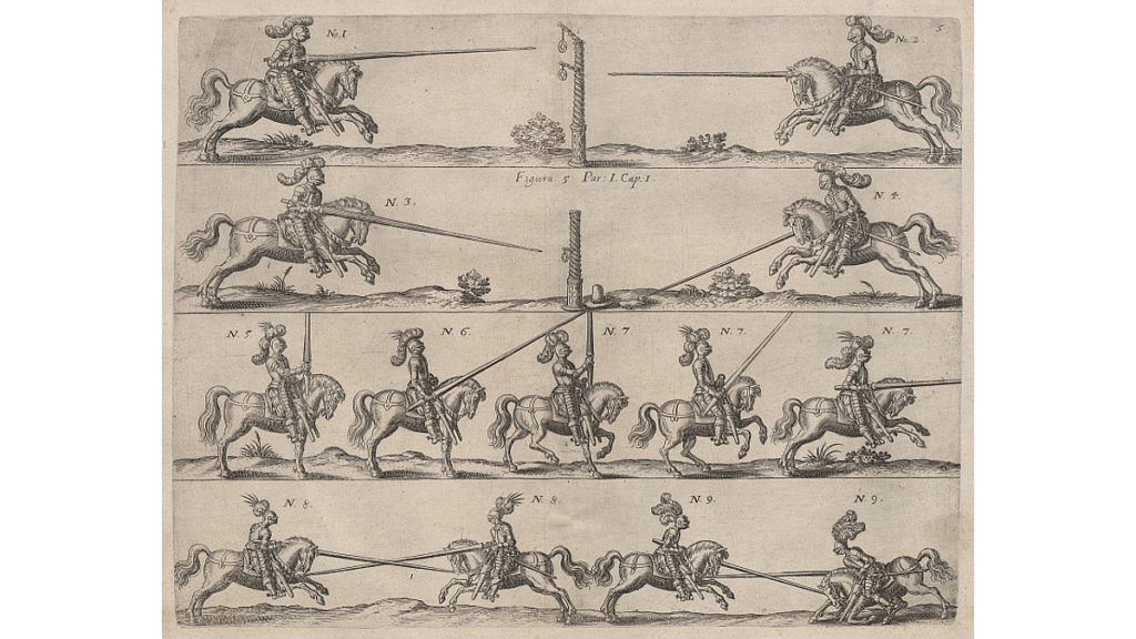 Eine ältere Darstellung des Ringstechens mit Lanze zu Pferde.
